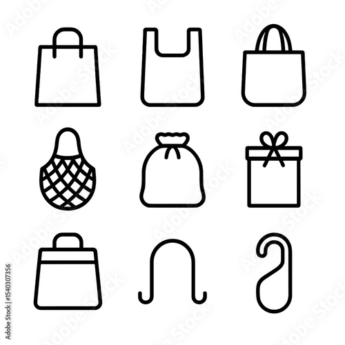 Shopping Bag Icons. Outline icon set of shopping bags: paper bag, plastic bag, reusable tote, mesh bag, drawstring bag, gift bag,