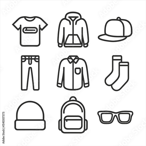 Skate Apparel Icons. Outline icon set of skate apparel and accessories: graphic tee, hoodie jacket, snapback cap, skinny jeans,