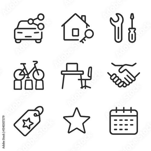 Sharing Economy Icons. Outline icon set of sharing economy services: car with share symbol, house with key, tool rental, bike