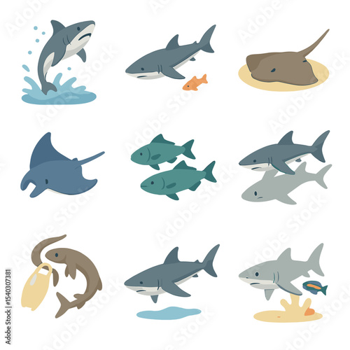 Shark and Ray Iconography. Isometric Flat icon set of shark and ray behaviors: breaching leap, hunting motion, bottom-feeding,
