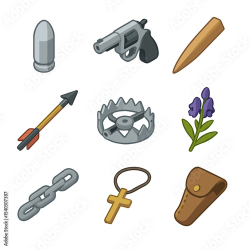 Silver Bullet Icon Set. Isometric Flat icon set of silver bullet threat: silver bullet, loaded revolver, wooden stake, crossbow
