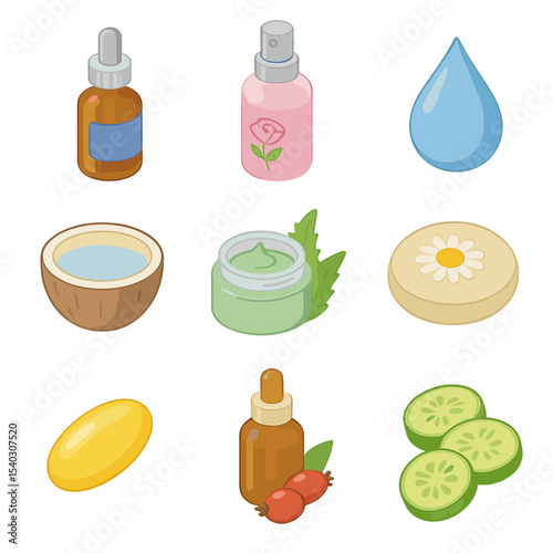 Skincare Elements Icons. Isometric Flat icon set of hydrating skincare elements: hyaluronic acid serum, rose water spritzer,