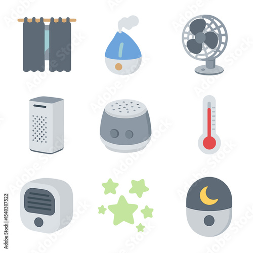 Sleep Environment Icons. Isometric Flat icon set of sleep environment controls: blackout curtains, humidifier, fan, air purifier,