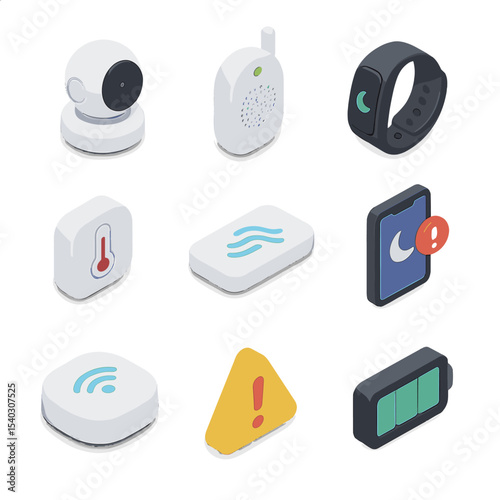 Sleep Monitoring Icon Set. Isometric Flat icon set of sleep monitoring devices: baby monitor camera, audio monitor speaker, sleep
