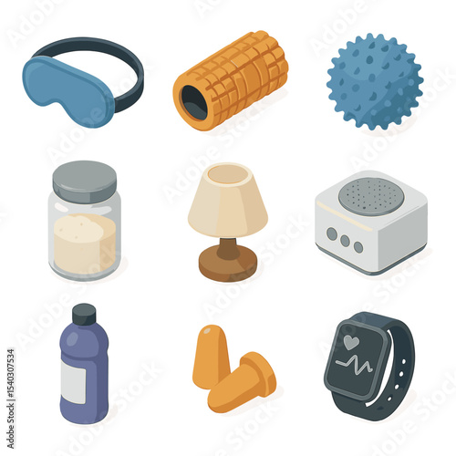 Sleep Recovery Icons. Isometric Flat icon set of sleep and recovery practices: sleep mask, foam roller, massage ball, Epsom salt