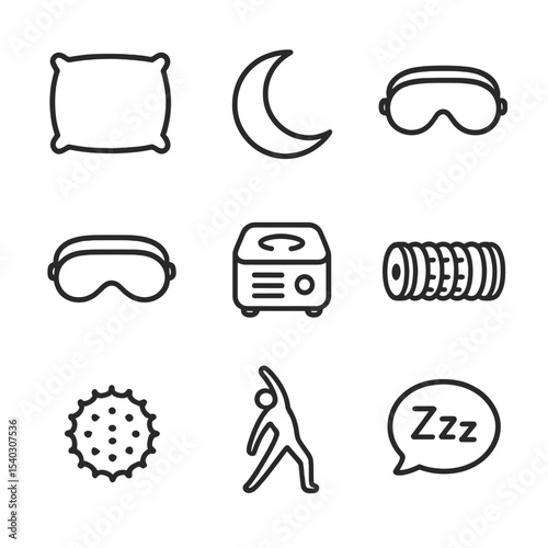 Sleep Aid Icons. Outline icon set of sleep and recovery: pillow, crescent moon, eye mask, sleep mask, white noise speaker, foam