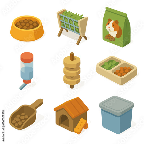 Small Mammal Feeding Icons. Isometric Flat icon set of feeding small mammals their evening meal: hamster bowl, rabbit hay rack,