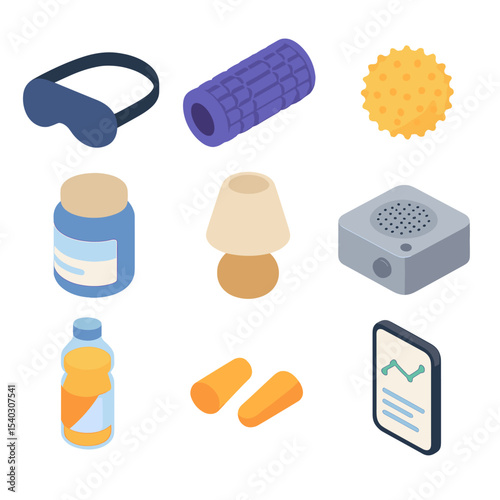Sleep Recovery Icons. Isometric Flat icon set of sleep and recovery practices: sleep mask, foam roller, massage ball, Epsom salt