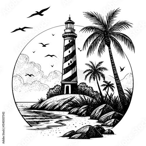 lighthouse and palm trees