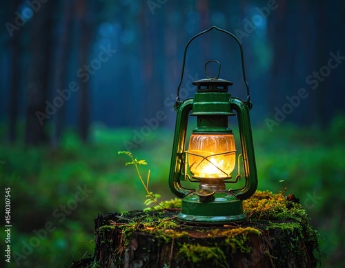 Green lantern glows softly on forest stump at twilight