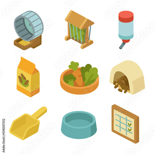 Small Mammal Feeding Icons. Isometric Flat icon set of small mammal feeding supplies: hamster wheel feeder, rabbit hay rack,