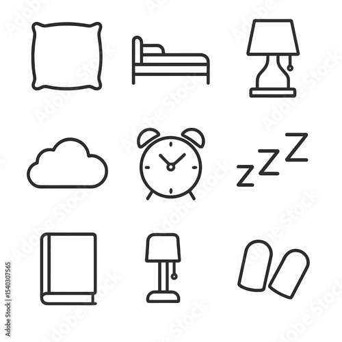 Sleep Restoration Icons. Outline icon set of sleep restoration: pillow, bed silhouette, sleeping mask, nightstand lamp, dream