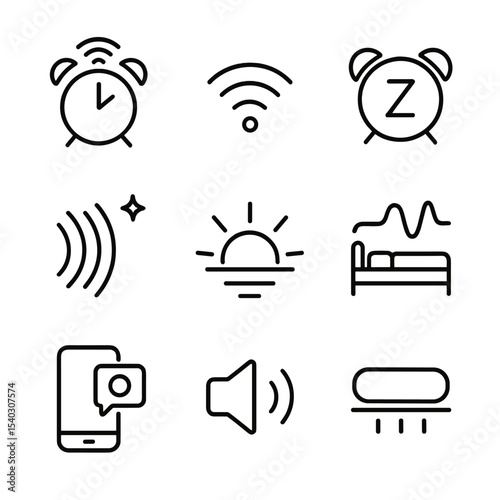 Smart Alarm Icons. Outline icon set of smart alarm features: alarm clock with Wi-Fi, vibration icon, snooze button, gentle wake