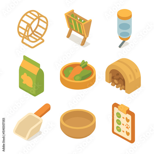 Small Mammal Feeding Icons. Isometric Flat icon set of small mammal feeding supplies: hamster wheel feeder, rabbit hay rack,