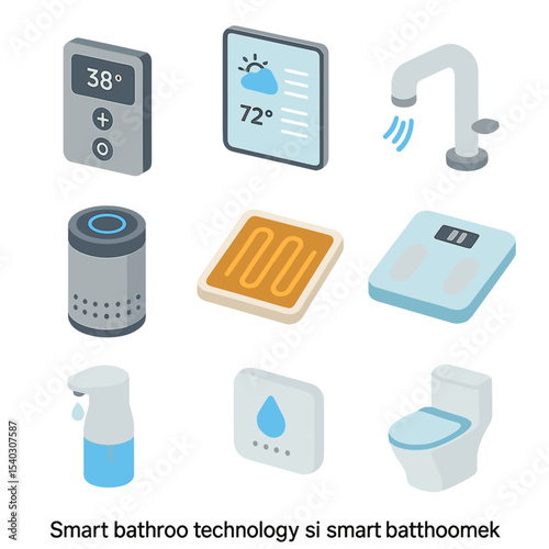 Smart Bathroom Technology Icons. Isometric Flat icon set of smart bathroom technology: digital shower controller, smart mirror
