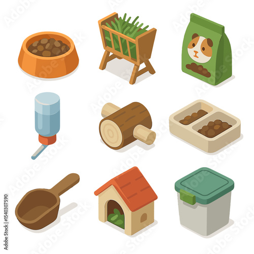 Small Mammal Feeding Icons. Isometric Flat icon set of feeding small mammals their evening meal: hamster bowl, rabbit hay rack,