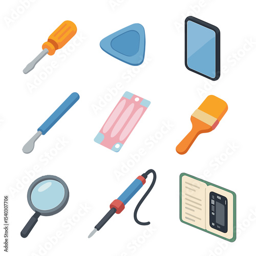 Smartphone Repair Tools Icons. Isometric Flat icon set of smartphone repair and maintenance tools: screwdriver, pry tool,