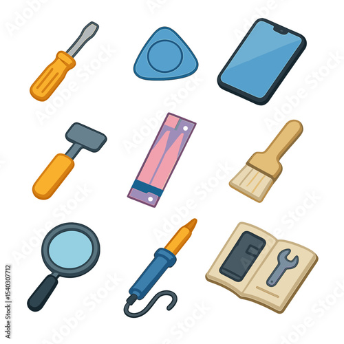 Smartphone Repair Tools Icons. Isometric Flat icon set of smartphone repair and maintenance tools: screwdriver, pry tool,