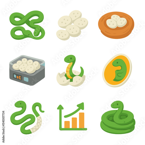 Snake Reproduction Icons. Isometric Flat icon set of snake reproduction: mating pair, egg clutch, nesting ground, incubator,