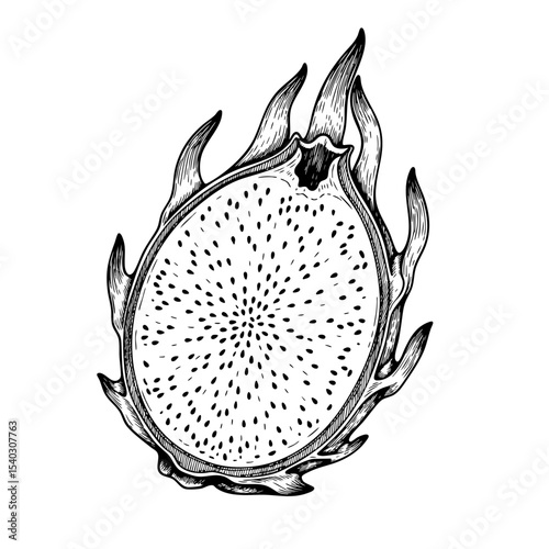 Half cut Dragon Fruit Doodle Illustration – Hand-Drawn Black and White Line Art on Transparent Background