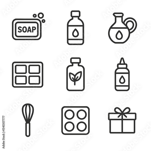 Soap Making Icons. Outline icon set of soap making: soap bar, lye bottle, oil container, soap mold, fragrance oil, colorant, whisk