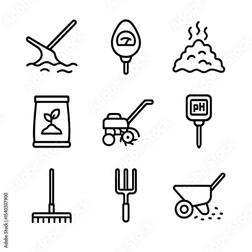 Soil Preparation Icon Set. Outline icon set of soil preparation techniques: plow, soil tester, compost pile, fertilizer bag,