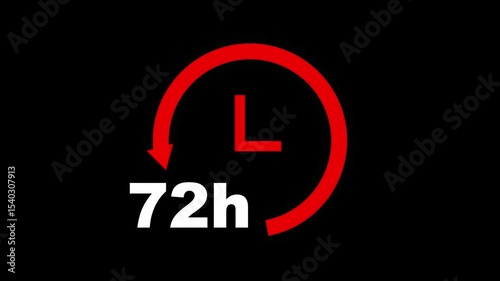 72 hours clock icon with moving arrows on red color on black background.