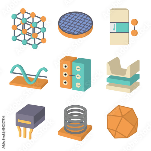 Solid State Physics Icons. Isometric Flat icon set of solid state physics structures: crystal lattice, semiconductor wafer,