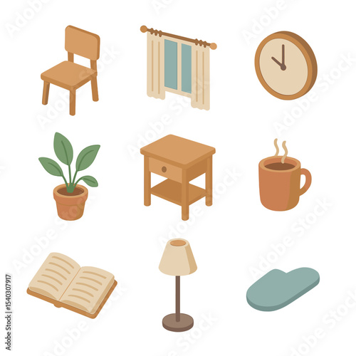 Isometric Solitary Room Icons. Isometric Flat icon set of solitary room scene: empty chair, window with curtains, wall clock,