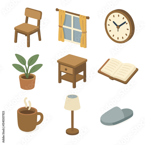 Isometric Solitary Room Icons. Isometric Flat icon set of solitary room scene: empty chair, window with curtains, wall clock,