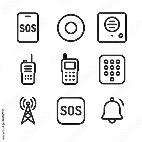 SOS Communication Icons. Outline icon set of SOS via communications tech: phone with SOS screen, panic button, intercom speaker,
