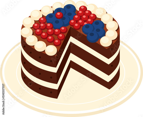 chocolate cake slice with blue and red cherries