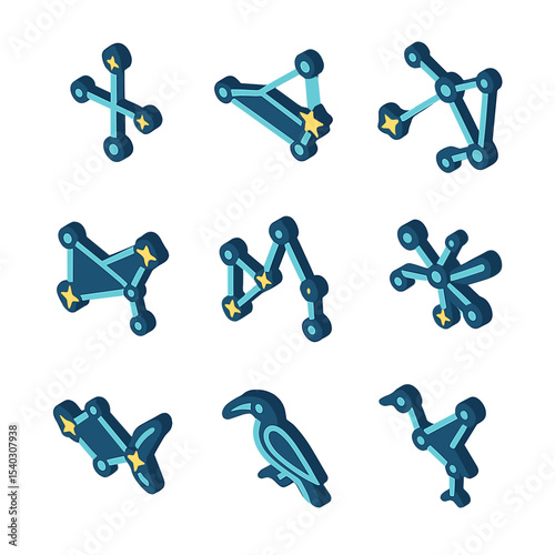 Southern Constellations Icons. Isometric Flat icon set of southern constellations: Crux, Carina, Centaurus, Vela, Puppis, Musca,