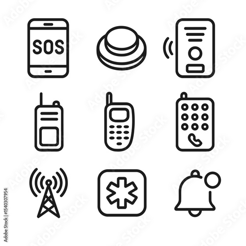 SOS Communication Icons. Outline icon set of SOS via communications tech: phone with SOS screen, panic button, intercom speaker,