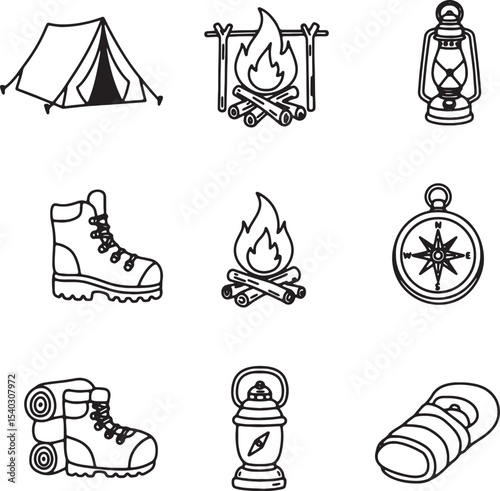 Camping Essentials Tent, Fire, Lantern, Boots, Compass, Sleeping Bag – Outdoor Adventure Icons