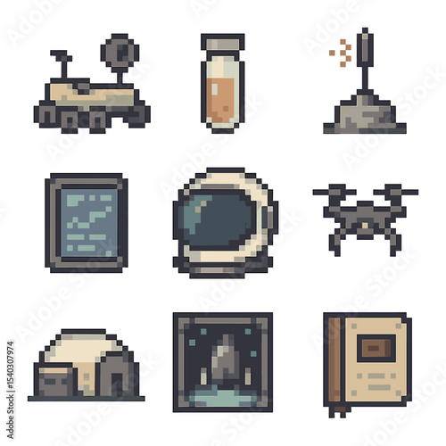 Space Mission Icons. Pixel art icon set of research and exploration missions: rover vehicle, sample vial, scanning probe, data
