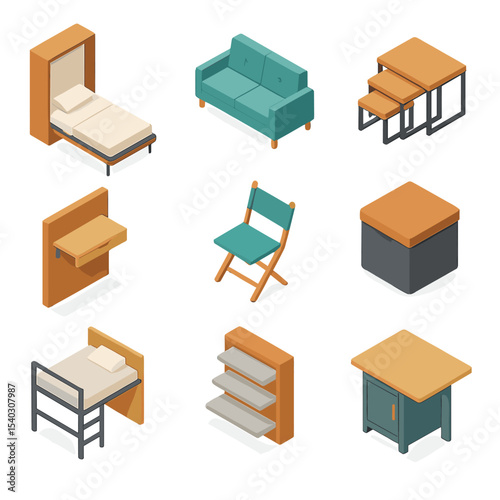Space-Saving Furniture Icons. Isometric Flat icon set of Space-Saving Furniture Solutions: fold-down bed, convertible sofa,
