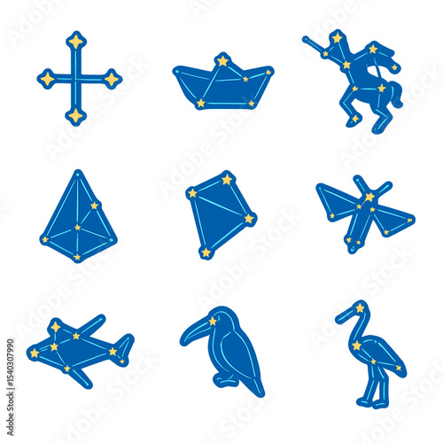 Southern Constellations Icons. Isometric Flat icon set of southern constellations: Crux, Carina, Centaurus, Vela, Puppis, Musca,