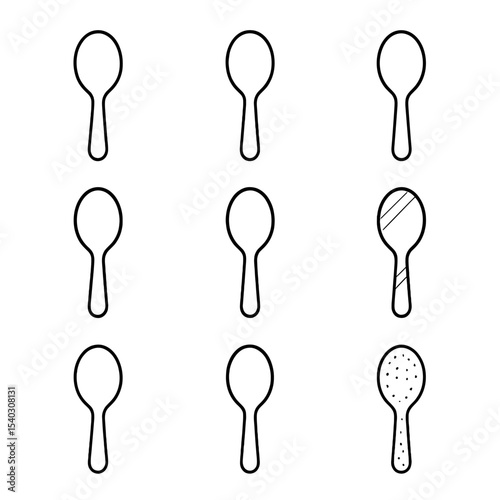 Spoon Material Icons. Outline icon set of spoon materials and finishes: stainless steel, silver-plated, gold-plated, copper,