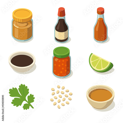 Spring Roll Sauce Icons. Isometric Flat icon set of spring roll dipping sauces variety: peanut sauce jar, hoisin sauce bottle,