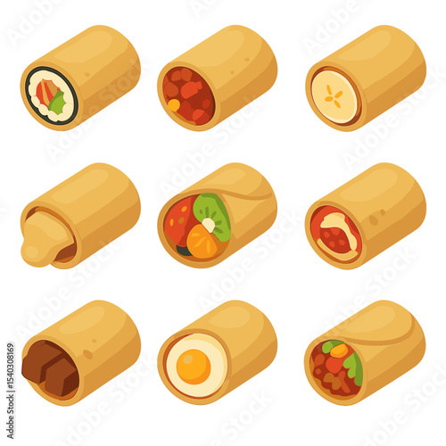 Spring Roll Fusion Icons. Isometric Flat icon set of fusion spring roll creations: sushi spring roll, burrito spring roll, dessert