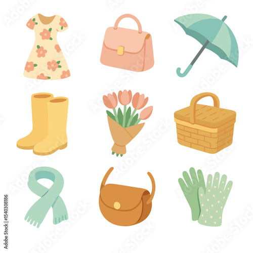 Spring Shopping Icons. Isometric Flat icon set of spring shopping spree: floral dress, pastel handbag, umbrella, rain boots,