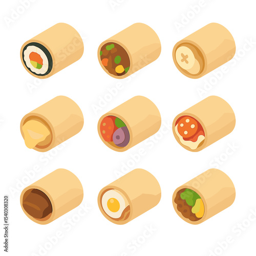 Spring Roll Fusion Icons. Isometric Flat icon set of fusion spring roll creations: sushi spring roll, burrito spring roll, dessert