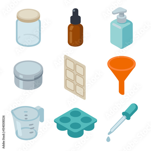Storage Packaging Icons. Isometric Flat icon set of storage and packaging: glass jar, amber dropper bottle, plastic pump bottle,