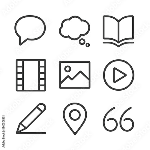 Storytelling Icons Grid. Outline icon set of storytelling through pictures: speech bubble, thought cloud, narrative book, film