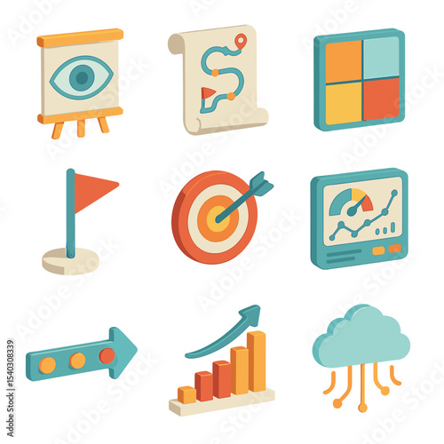 Strategic Planning Icons. Isometric Flat icon set of strategic planning elements: vision chart, roadmap scroll, SWOT matrix,