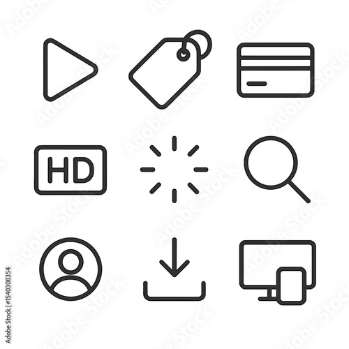 Streaming Service Icons. Outline icon set of subscription streaming services: play icon, subscription tag, credit card, HD badge,