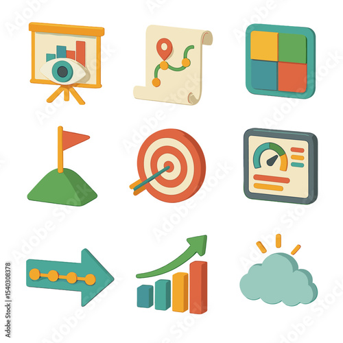Strategic Planning Icons. Isometric Flat icon set of strategic planning elements: vision chart, roadmap scroll, SWOT matrix,