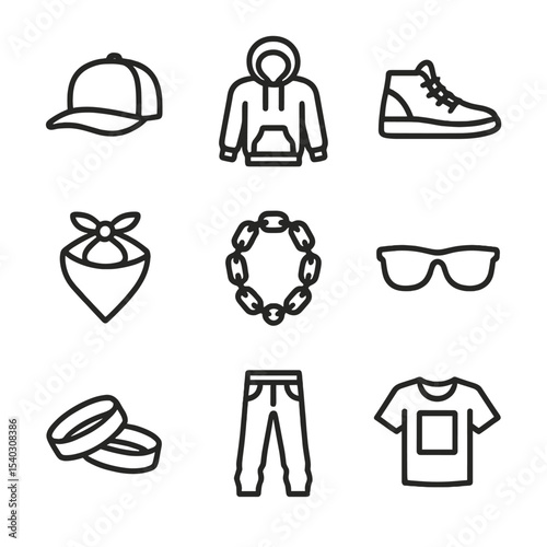 Street Fashion Icons. Outline icon set of street fashion accessories: snapback cap, hoodie, sneakers, bandana, gold chain,