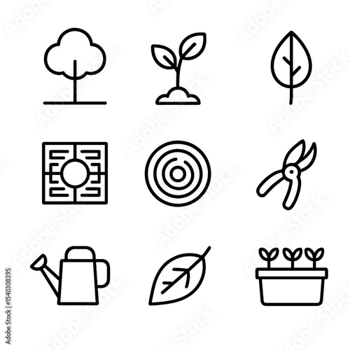 Street Greenery Icons. Outline icon set of street greenery: street tree, sapling, leaf, root grate, tree ring, pruning shears,